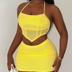 SlayDiva (SHEIN) 2 piece spaghetti strapped crop top and ruched skirt. Yellow.